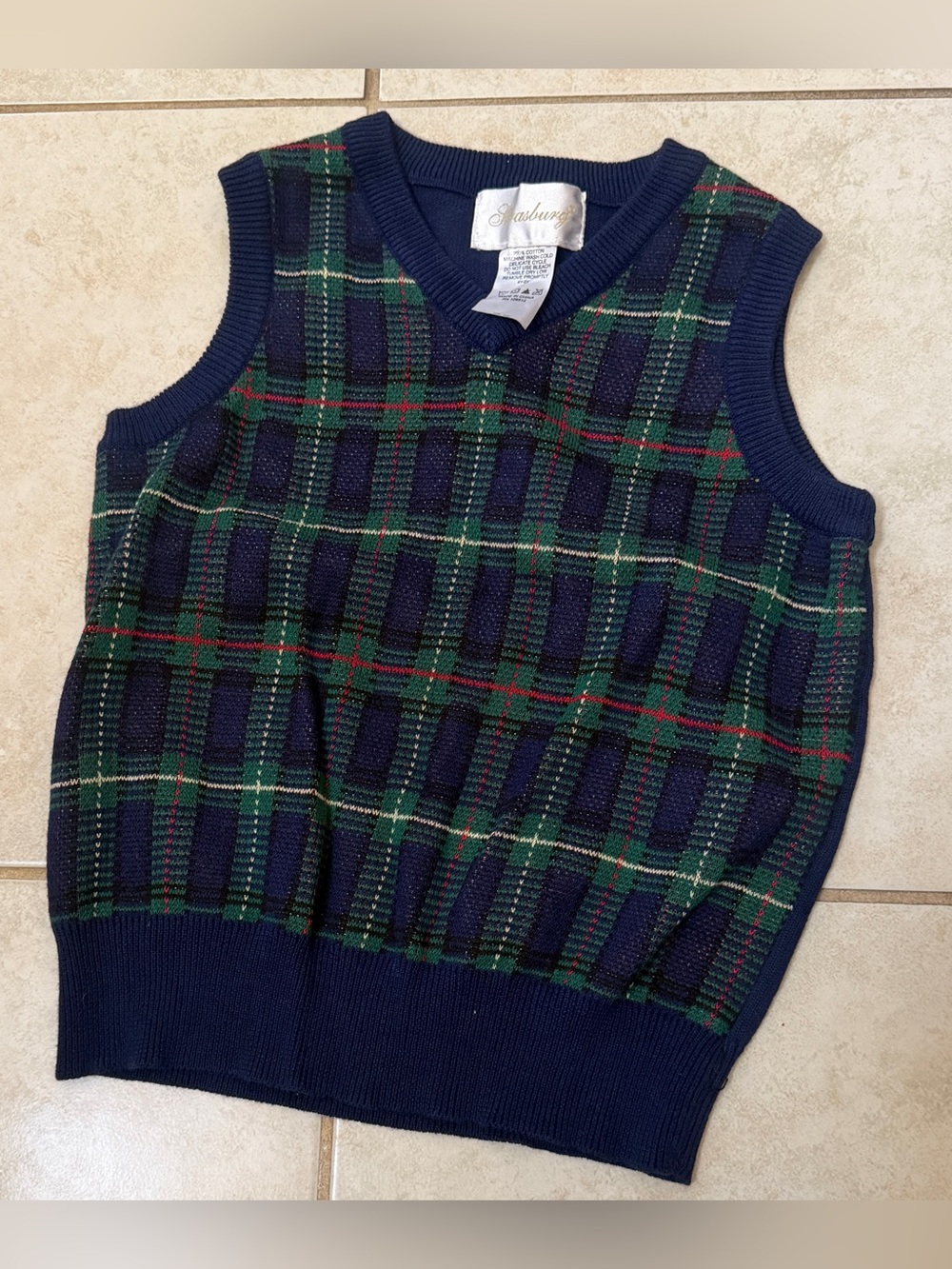Strasburg Navy, Green & Red Plaid V-Neck Sweater Vest